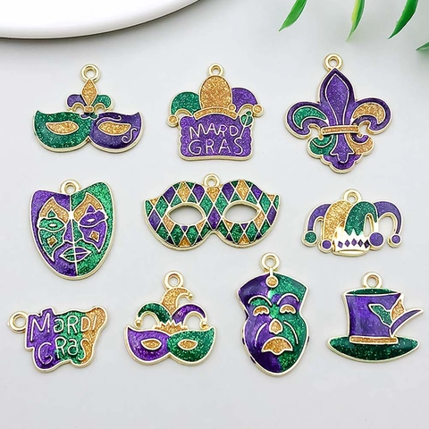 Mardi Gras Carnival Enamel Alloy Charms For Jewelry Making Mask Crown Joker Hat Fleur De Lis DIY Necklace Pendant