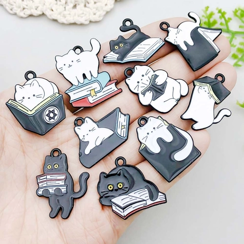 Kawaii Enamel Cat Reading Book Alloy Pendants Black White Cat Charms For DIY Necklace Bracelet Earring Jewelry Making Accessories