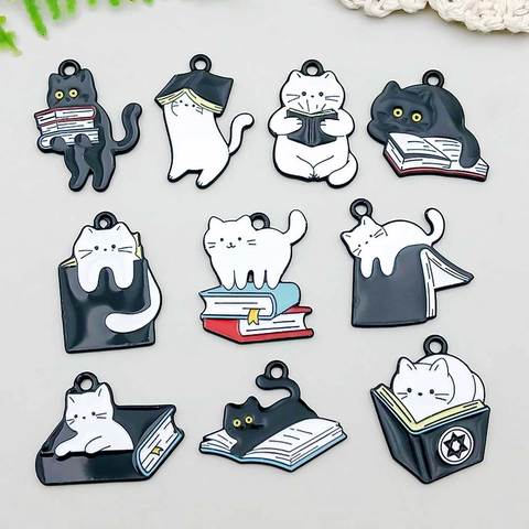 Kawaii Enamel Cat Reading Book Alloy Pendants Black White Cat Charms For DIY Necklace Bracelet Earring Jewelry Making Accessories