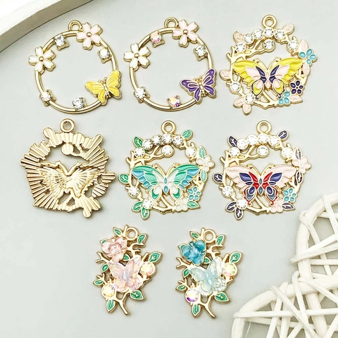 Enamel Zinc Alloy Butterfly Floral Wreath Pendants Rhinestone Inlaid DIY Bracelet Necklace Accessories Sweet Pastoral Jewelry Charms