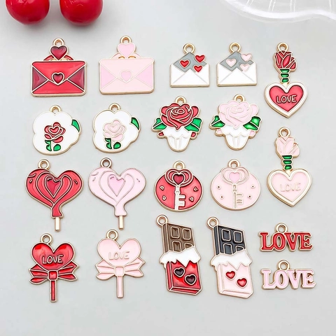 DIY Zinc Alloy Enamel Heart Rose Envelope Chocolate Charms For Jewelry Making Valentine's Day Pendant Necklace Accessories