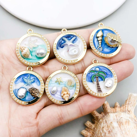 Zinc Alloy Enamel Ocean Charm Pendant Assorted Starfish Conch Coconut Tree Artificial Pearl DIY Jewelry Accessories