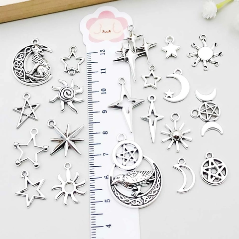 Retro Zinc Alloy Star Moon Sun Charms Mixed Selection Antique Silver Celestial Theme Pendants For DIY Jewelry Making Accessories