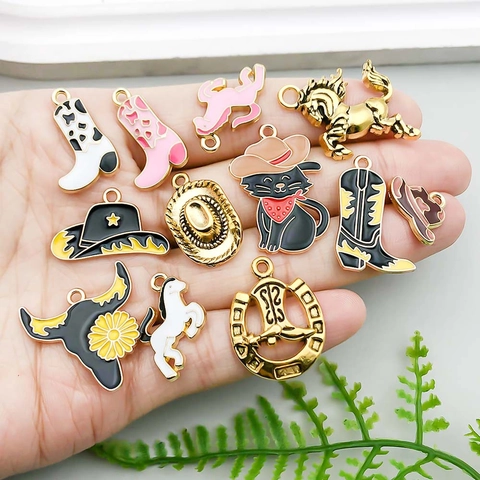 Breloques Cowboy Western Alliage de Zinc Émail Bottes de Cowboy Chapeau Cheval Tête de Taureau Pendentifs Pour Bijoux DIY