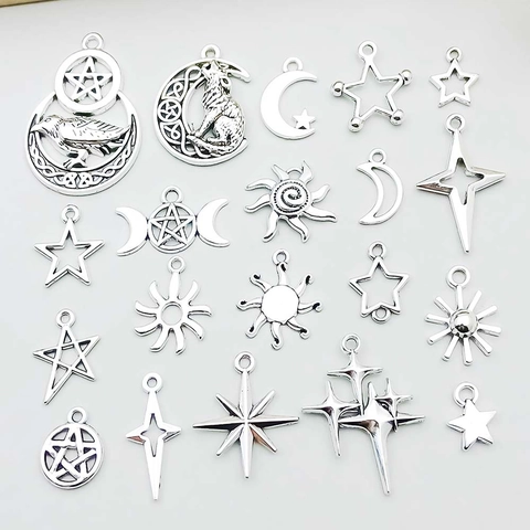 Retro Zinc Alloy Star Moon Sun Charms Mixed Selection Antique Silver Celestial Theme Pendants For DIY Jewelry Making Accessories