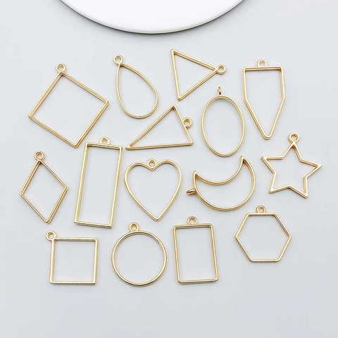 Zinc Alloy Geometric Open Bezel Frame Pendants Gold Tone Assorted Shapes Moon Heart Star For DIY Resin Jewelry Making Crafts