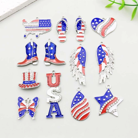 USA Independence Day Zinc Alloy Enamel Charms USA Flag Pattern Star Heart Boot Map Rhinestone Pendants For DIY Jewelry Making