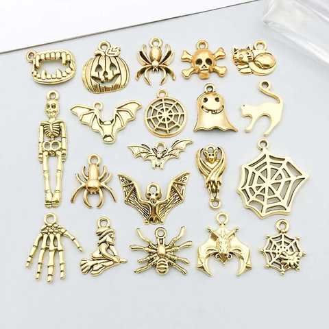 Antiek Goud Legering Halloween Charmes Hangers Gemengde Spin Vleermuis Pompoen Geest Schedel Heks Bedeltjes Voor DIY Sieraden Maken Accessoires