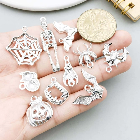 Bright Silver Zinc Alloy Halloween Pendants Set Ghost Spider Bat Witch Skeleton Charms For DIY Necklace Bracelet Making Party Supplies