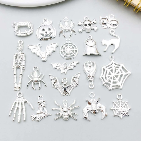 Bright Silver Zinc Alloy Halloween Pendants Set Ghost Spider Bat Witch Skeleton Charms For DIY Necklace Bracelet Making Party Supplies