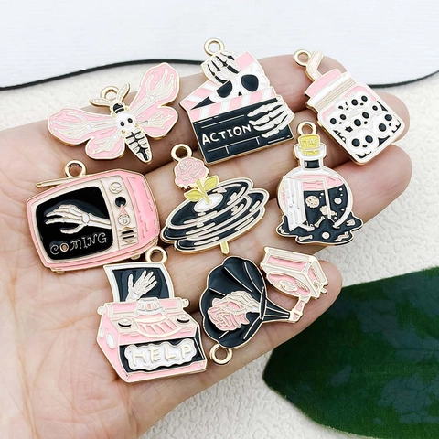 Pink Enamel Zinc Alloy Halloween Charms Skull Potion Bottle Typewriter TV Record Player Pendants For DIY Jewelry Making