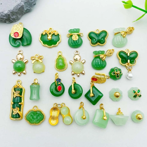 Mixed Green Liuli Imitation Jade Alloy Pendants For DIY Jewelry Making Accessories Necklace Bracelet Craft Supplies Vintage Chinese Style Design