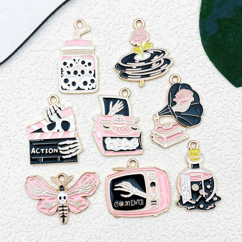 Pink Enamel Zinc Alloy Halloween Charms Skull Potion Bottle Typewriter TV Record Player Pendants For DIY Jewelry Making