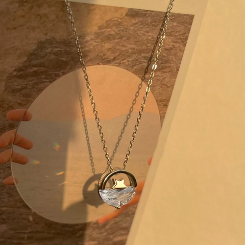 Collar de Plata de Ley S925 Starry River para Mujer Lujo Zirconia Estrella Luna Colgante Cadena de Clavícula Redonda Hueca Joyería Regalo