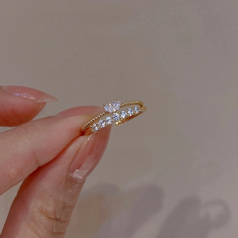Anillo Zircón Corazón Y Anillo Diamante En Fila Para Mujeres Cobre Chapado Oro Anillos Abiertos Ajustables Joyería Estilo Coreano
