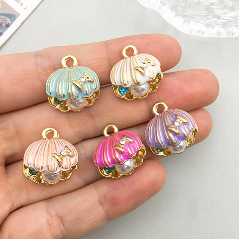 Alloy Shell Scallop Charms Enamel Imitation Artificial Pearl Rhinestone Bowknot Pendants For DIY Jewelry Making Necklaces Accessories