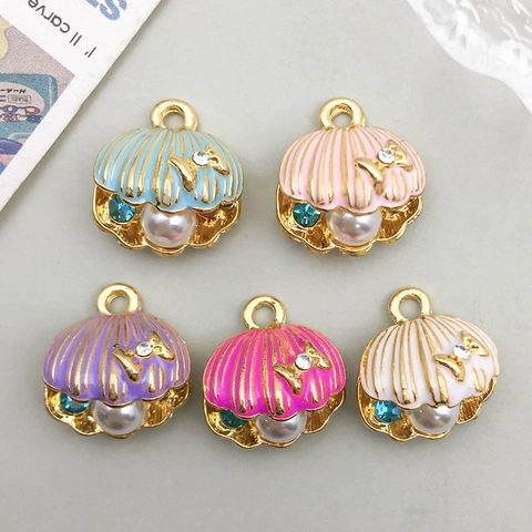 Alloy Shell Scallop Charms Enamel Imitation Artificial Pearl Rhinestone Bowknot Pendants For DIY Jewelry Making Necklaces Accessories
