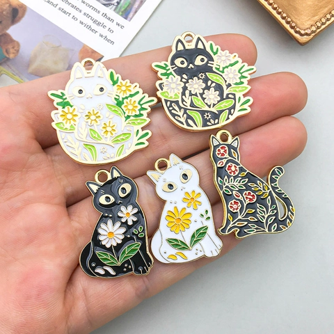 Pendentifs Chat en Émail Alliage Floral Chaton Charms Pendentif Uniquement Pour Création de Bijoux DIY Colliers Boucles d'Oreilles