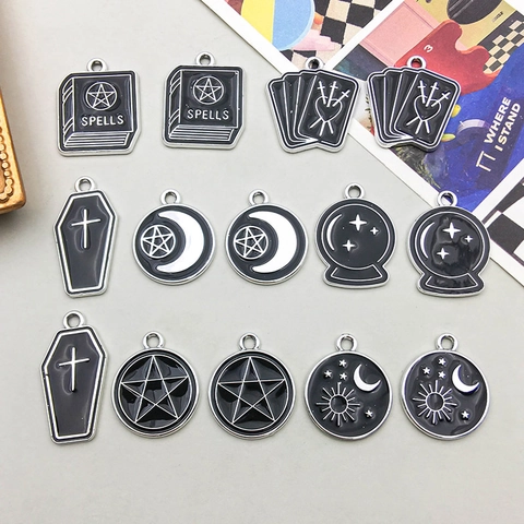 Gothisch Okkult Schwarz Emaille Zinklegierung Charms Für Schmuckherstellung DIY Hexerei Zauberbuch Pentagramm Mond Anhänger
