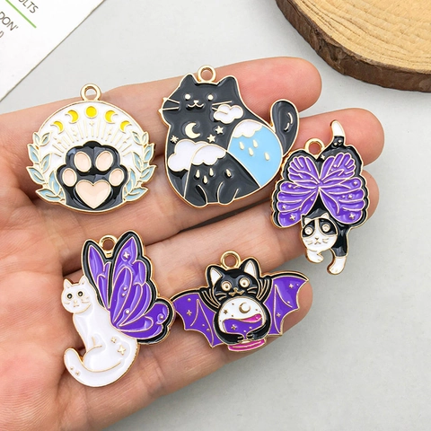 Cute Cartoon Cat Enamel Pendants Zinc Alloy Gold Plated Bat Butterfly Wings Charms DIY Jewelry Making Findings Accessories