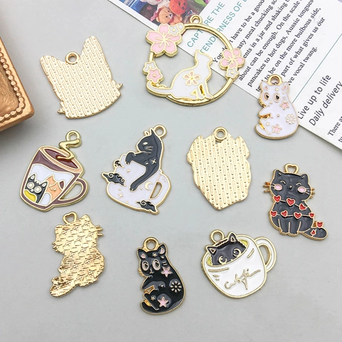 Kawaii Enamel Cat Alloy Pendants DIY Jewelry Making Accessory Cute Animal Heart Sakura Coffee Cup Charms For Necklace Bracelet