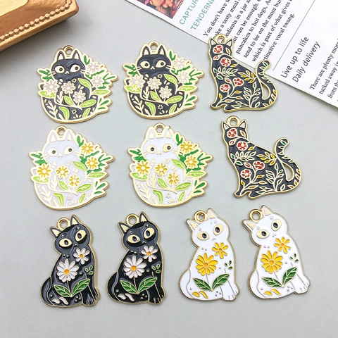 Pendentifs Chat en Émail Alliage Floral Chaton Charms Pendentif Uniquement Pour Création de Bijoux DIY Colliers Boucles d'Oreilles