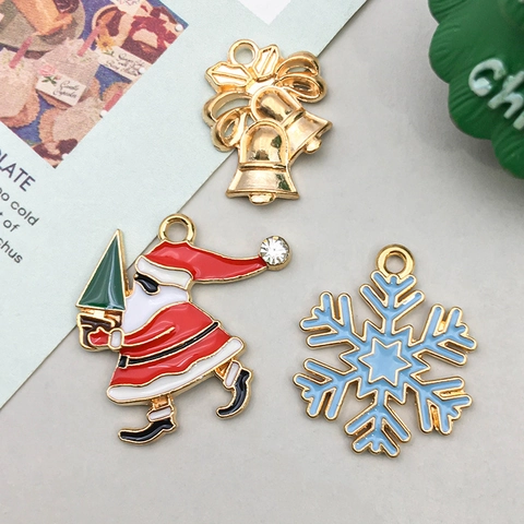 Zinklegierung Emaille Weihnachten Anhänger Charms Set Gold Farbe Strass Weihnachtsmann Weihnachtsbaum Schneeflocke Glocken Für DIY Schmuckherstellung Handwerk Dekoration