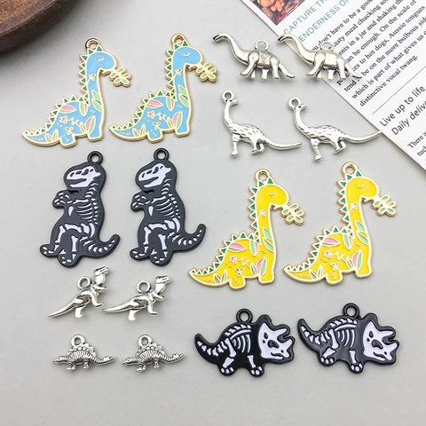 Cartoon Dinosaur Alloy Enamel Charms For DIY Jewelry Making Antique Silver Color Brachiosaurus T-Rex Fossil Skeleton Pendants