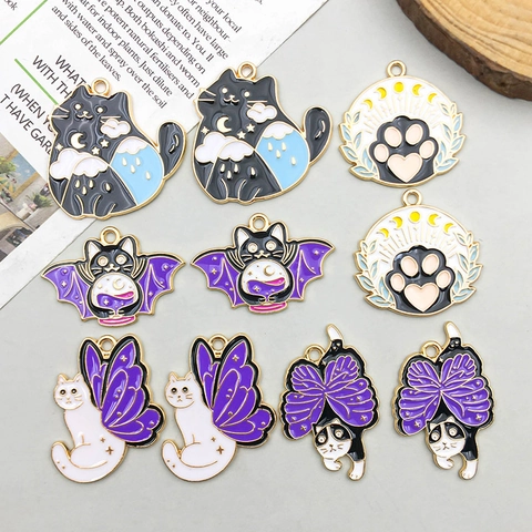 Cute Cartoon Cat Enamel Pendants Zinc Alloy Gold Plated Bat Butterfly Wings Charms DIY Jewelry Making Findings Accessories