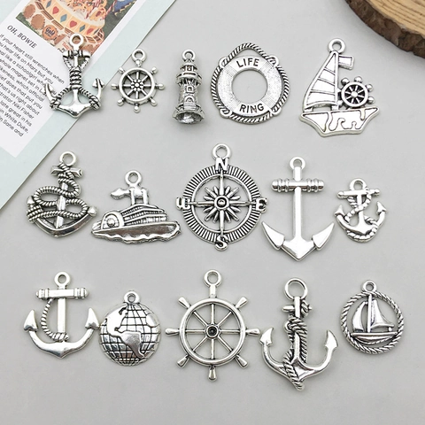 Breloques Nautiques Vintage en Alliage d'Argent Antique Pendentifs Ancre Gouvernail Bateau Pour Accessoires de Bijoux DIY