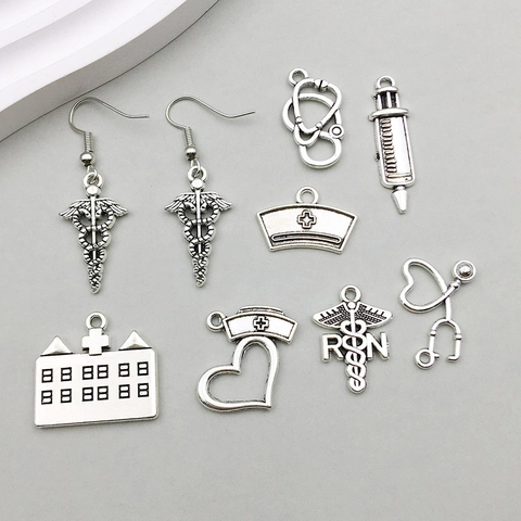 Antique Silver Zinc Alloy Medical Theme Charms Stethoscope Syringe Nurse Hat For DIY Necklace Bracelet Jewelry Making