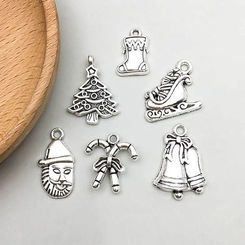 Antique Silver Alloy Christmas Charms Santa Claus Snowman Reindeer Tree Bells Candy Cane DIY Jewelry Making Pendant Accessories