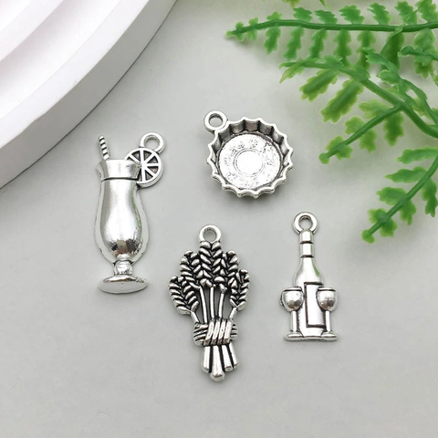 Vintage Antique Silver Alloy Wine Series Charms For DIY Jewelry Making Wine Cup Bottle Grape Wheat Pendant Craft Accessories