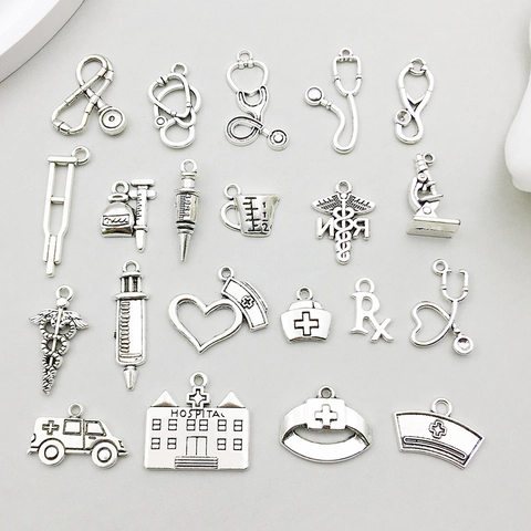 Antique Silver Zinc Alloy Medical Theme Charms Stethoscope Syringe Nurse Hat For DIY Necklace Bracelet Jewelry Making