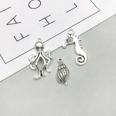 Antique Silver Ocean Series Zinc Alloy Marine Pendants Set Starfish Seahorse Turtle Mermaid Tail Charms DIY Jewelry Making