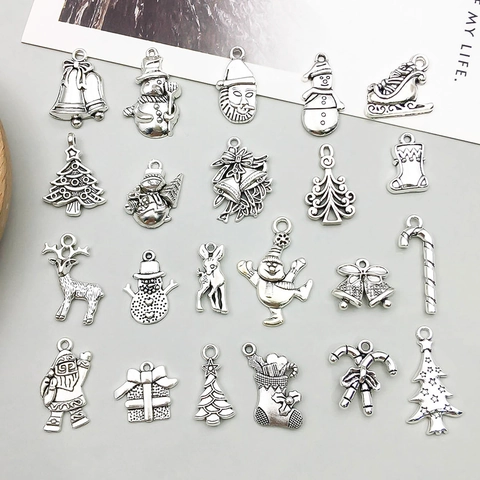 Antique Silver Alloy Christmas Charms Santa Claus Snowman Reindeer Tree Bells Candy Cane DIY Jewelry Making Pendant Accessories
