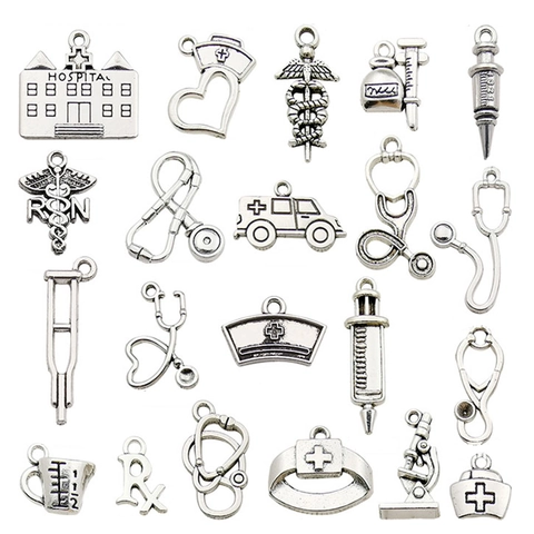 Antique Silver Alloy Medical Theme Charms For Jewelry Making Stethoscope Syringe Nurse Cap Hospital Professional Pendant