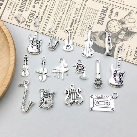 Antique Silver Alloy Musical Instrument Charms For Jewelry Making Guitar Piano Violin Saxophone Pendant DIY Accessories