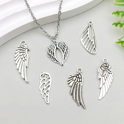 Vintage Antique Silver Zinc Alloy Wing Feather Heart Charms Pendants DIY Necklace Bracelet Jewelry Making Accessories Part