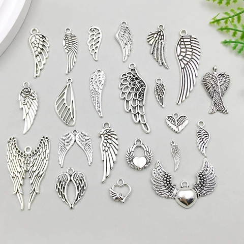 Vintage Antique Silver Zinc Alloy Wing Feather Heart Charms Pendants DIY Necklace Bracelet Jewelry Making Accessories Part