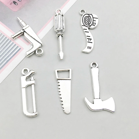 Vintage Antique Silver Alloy Simulation Tool Charms Wrench Hammer Axe Saw Pendants For DIY Jewelry Making Keychain Craft Accessories