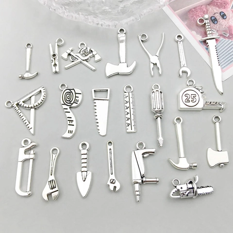 Vintage Antique Silver Alloy Simulation Tool Charms Wrench Hammer Axe Saw Pendants For DIY Jewelry Making Keychain Craft Accessories