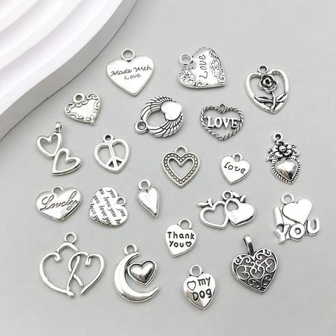 Antique Silver Zinc Alloy Heart Pendants For DIY Jewelry Making Hollow Love Letter Charms For Necklace Bracelet Crafting