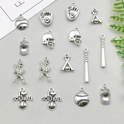 Antique Silver Zinc Alloy Baseball Pendants DIY Jewelry Making Accessories Sports Glove Bat Helmet Softball Charms For Necklaces Bracelets