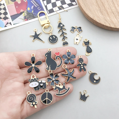 Black Enamel Alloy Charms For Jewelry Making DIY Cute Animal Flower Heart Star Gold Plated Metal Pendants Findings