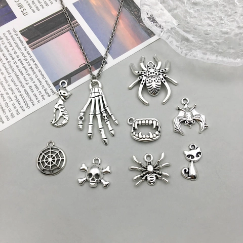 Antique Silver Halloween Alloy Pendants Set DIY Jewelry Making Charms Skeleton Spider Bat Witch Skull Ghost Pumpkin Accessory