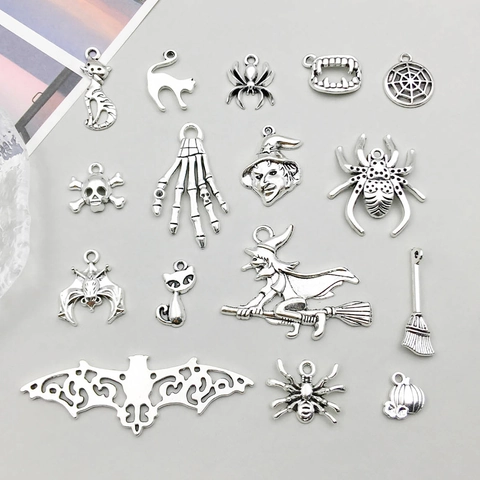 Antique Silver Halloween Alloy Pendants Set DIY Jewelry Making Charms Skeleton Spider Bat Witch Skull Ghost Pumpkin Accessory