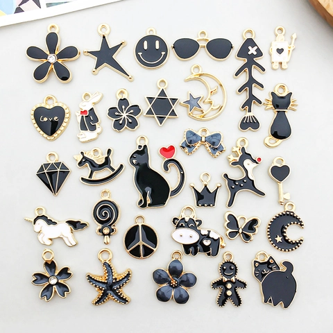 Black Enamel Alloy Charms For Jewelry Making DIY Cute Animal Flower Heart Star Gold Plated Metal Pendants Findings