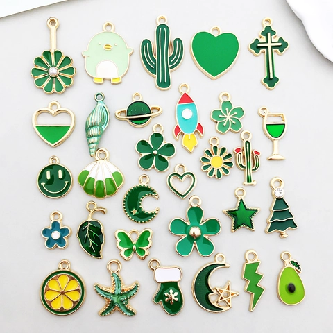 Green Enamel Alloy Charms For Jewelry Making DIY Crafting Heart Star Moon Leaf Floral Gold Plated Pendants Accessories
