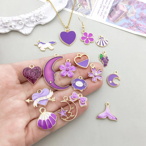 Purple Enamel Zinc Alloy Cartoon Animal Moon Heart Star Charms For DIY Jewelry Making Handmade Jewelry Findings Necklace Bracelet Pendants